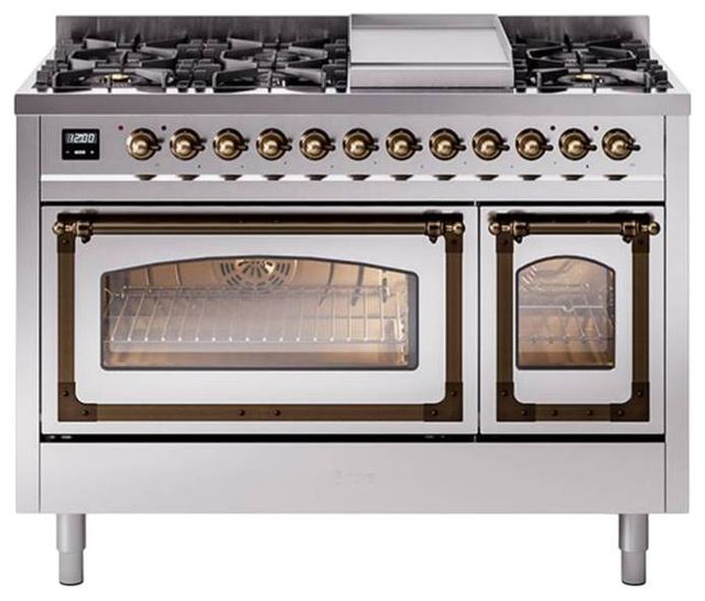 Ilve® Nostalgie II Noblesse 48'' Stainless Steel Pro Style Dual Fuel Range with Burnished Trim-0