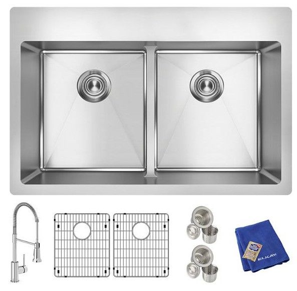 Elkay Crosstown® Polished Satin 33" 1-Hole Equal Double Bowl Dual Mount Sink Kit-1