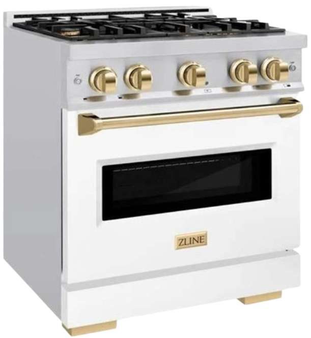 ZLINE Classic Autograph Edition 30" Satin Stainless Steel Pro Style Gas and with White Matte Door and Polished Gold Accents-2