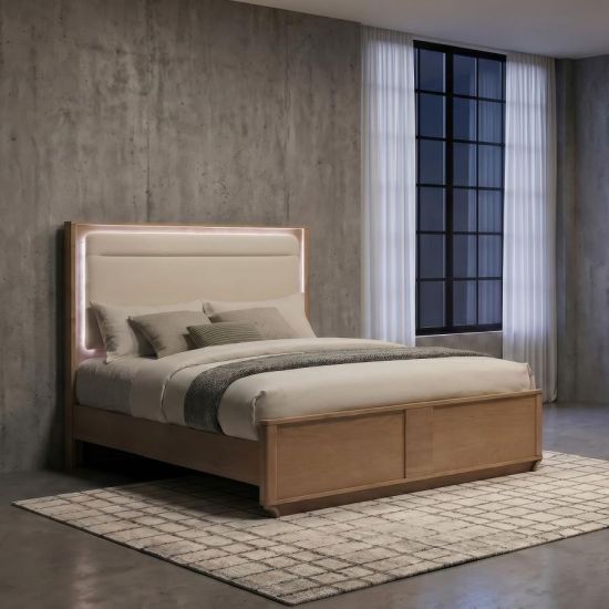 Coaster® Leanne Light Oak/Off White Eastern King Upholstered Panel Bed with LED-1