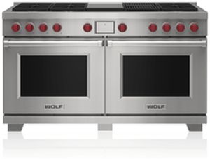 front view of the Wolf® 60" Stainless Steel Freestanding Dual Fuel Range and Infrared Charbroiler and Infrared Griddle