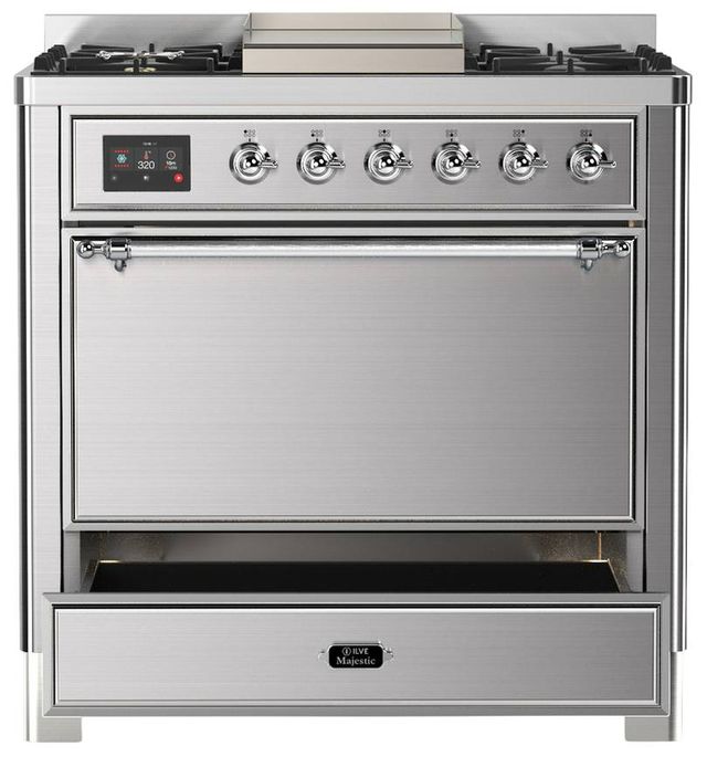 Ilve® Majestic III 36" Stainless Steel Pro Style Dual Fuel Liquid Propane Range with Solid Door and Chrome Trim-3