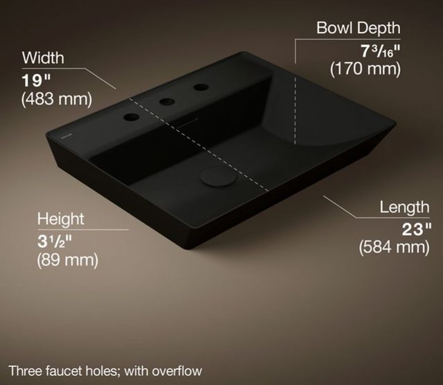 Kohler Brazn® Honed Black 23" x 19" Rectangular Vessel Bathroom Sink-3