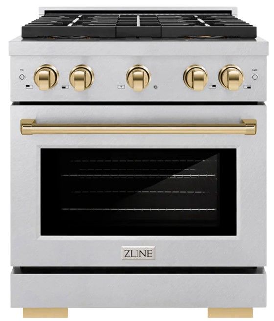 ZLINE Autograph Edition Paramount 30" 4.2 Cu. Ft. Satin Stainless Steel Dual Fuel Range with 4 Burner DuoPro™ Cooktop and Electric Convection Oven in Polished Gold Accents-0