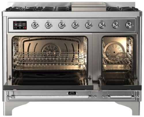 Ilve® Majestic III 48" Stainless Steel Pro Style Dual Fuel Liquid Propane Range with Griddle and Chrome Trim-1