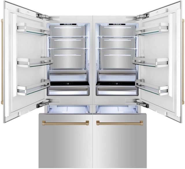 ZLINE Autograph Edition 60" 32.2 Cu. Ft. Stainless Steel Built In French Door Refrigerator  with Water Dispenser and Ice Maker in Champagne Bronze Accents-1