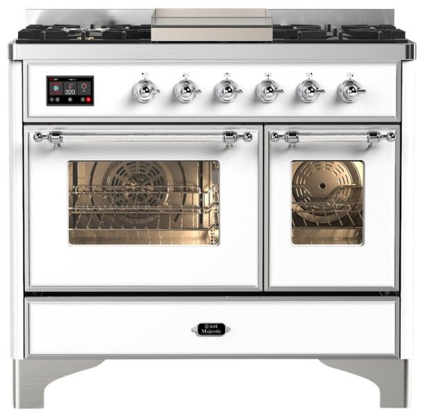 Ilve® Majestic III 40" White Pro Style Dual Fuel Liquid Propane Range with Triple Glass Door and Chrome Trim-0