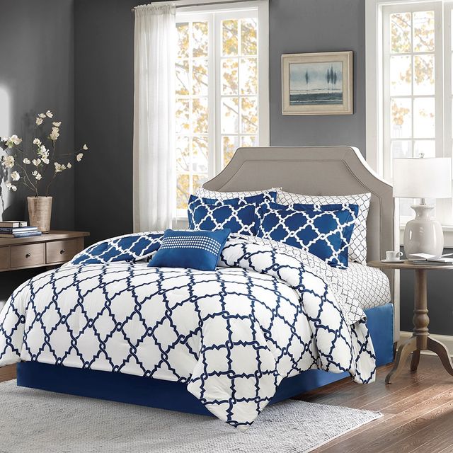 Olliix by Madison Park Essentials Merritt Navy Twin Reversible Complete Comforter and Cotton Sheet Set-1