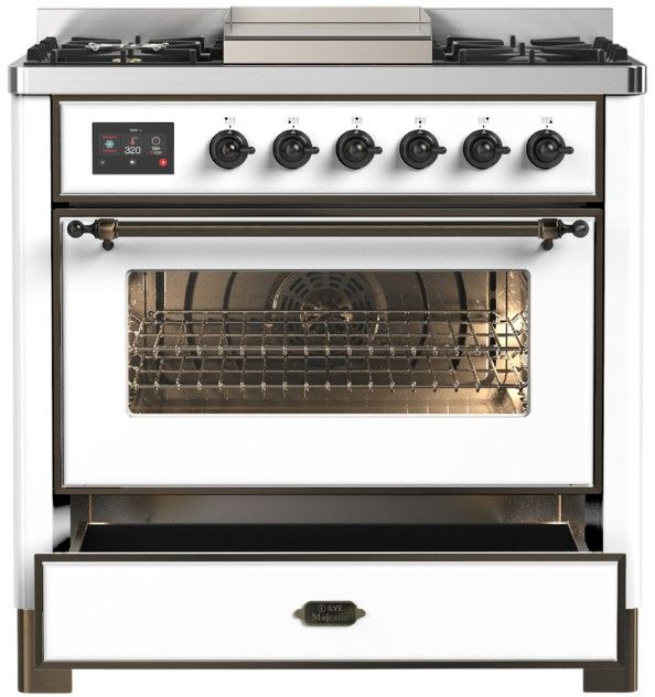 Ilve® Majestic III 36'' White Pro Style Dual Fuel Liquid Propane Range with Triple Glass Door and Burnished Trim-1