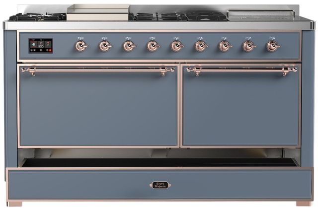 Ilve® Majestic III 60" Blue Gray Pro Style Dual Fuel Natural Gas Range with Griddle and Copper Trim-2