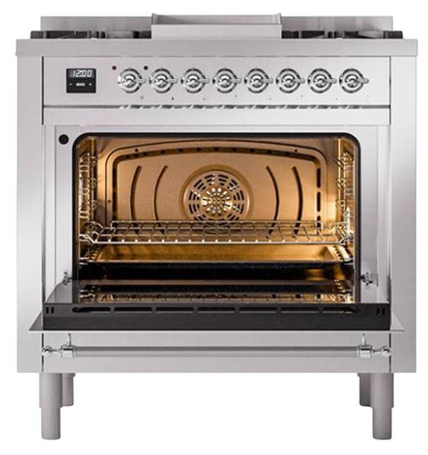 Ilve® Nostalgie II Noblesse 36'' Stainless Steel Pro Style Dual Fuel Range with Chrome Trim-1