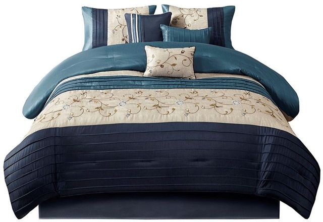Olliix by Madison Park Serene 7 Piece Navy Queen Embroidered Comforter Set-0