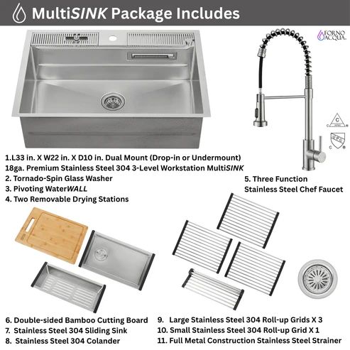 Forno Acqua MultiSINK Stainless Steel 33" Dual Mount 3-Level Workstation with Retractable Faucet and Glass Rinser-2