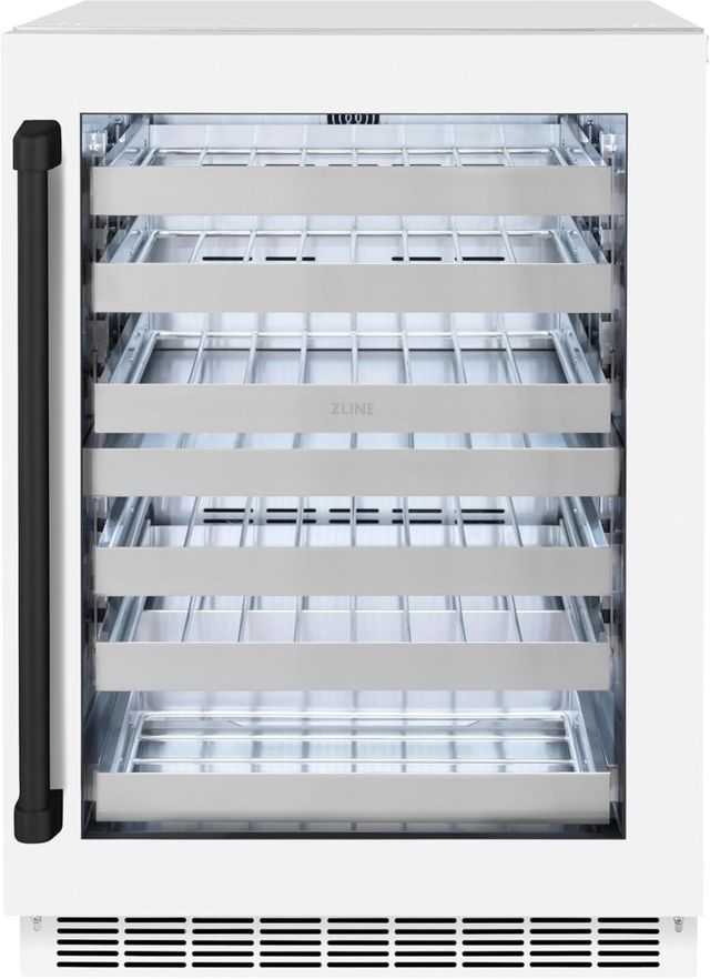 ZLINE Autograph Edition Touchstone 24" 4.8 Cu. Ft. Stainless Steel Wine Cooler with White Matte Glass Door and Matte Black Handle-0