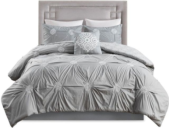 Olliix by Madison Park 4 Piece Grey Full/Queen Malia Embroidered Cotton Reversible Duvet Cover Set-0