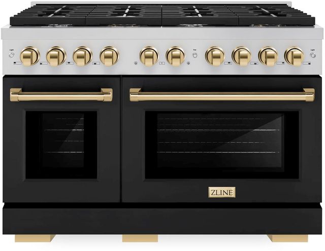 ZLINE Autograph Edition Paramount 48" Stainless Steel Pro Style Dual Fuel Range with Black Matte Door and Polished Gold Accents-0