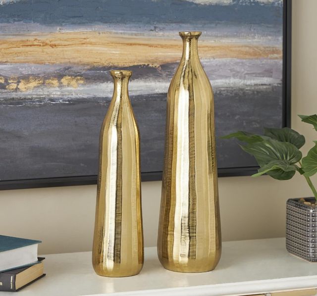 Deco Marche 2-Piece Gold Vase Set with Wavy Accents and Textured Ridges-4