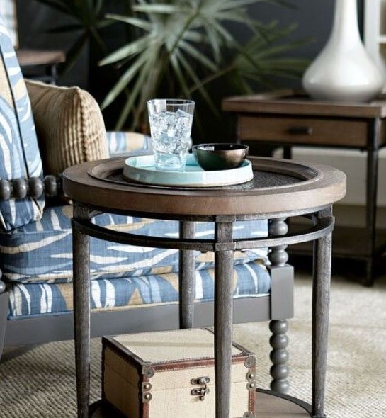 Hammary® Austin Antiqued Medium Brown Round End Table with Hammered Bronze Frame-1