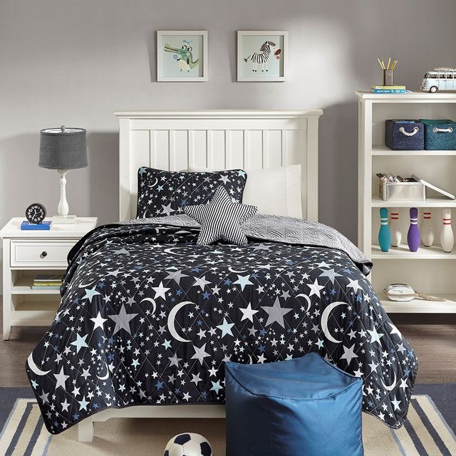 Olliix by Mi Zone Kids Starry Night Charcoal Full/Queen Reversible Coverlet Set-4