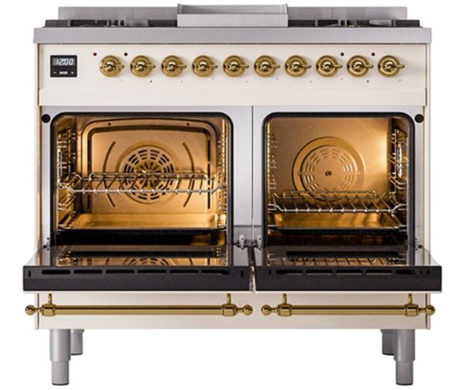 Ilve® Nostalgie II Noblesse 40'' Antique White Pro Style Dual Fuel Range with Brass Trim-1