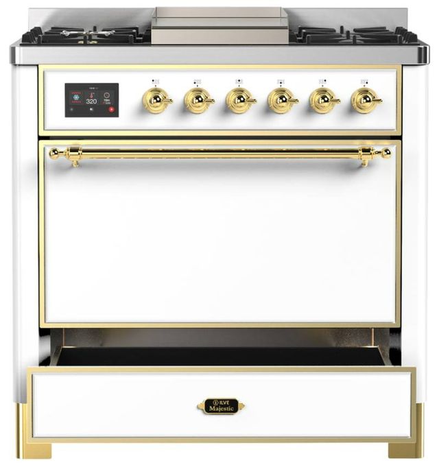 Ilve® Majestic III 36" White Pro Style Dual Fuel Liquid Propane Range with Solid Door and Brass Trim-3