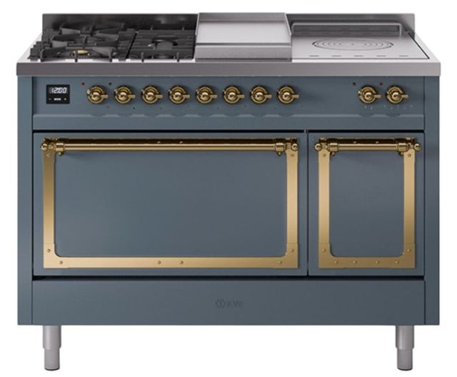 Ilve® Nostalgie II Noblesse 48'' Blue Gray Pro Style Dual Fuel Range with Brass Trim-0
