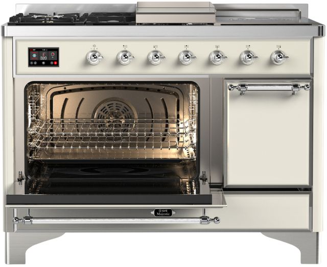 Ilve® Majestic III 48" Antique White Pro Style Dual Fuel Natural Gas Range with 5 Black Brass Burners and Chrome Trim-2