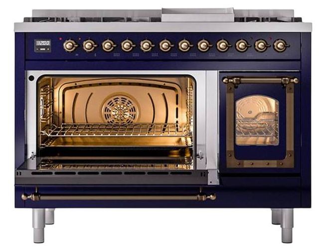 Ilve® Nostalgie II Noblesse 48'' Midnight Blue Pro Style Dual Fuel Range with Burnished Trim-3