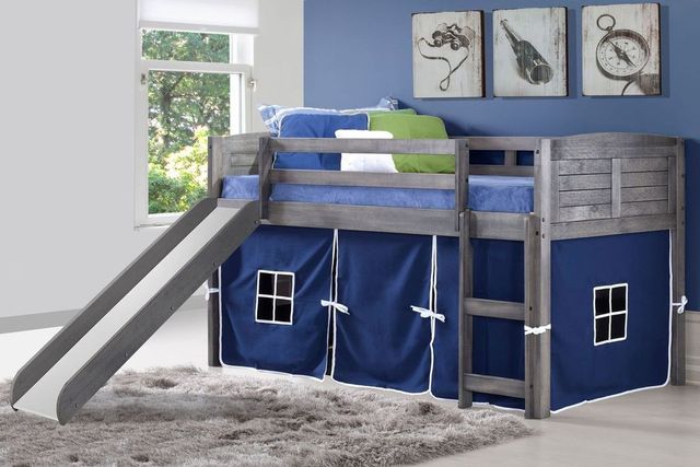 Donco Kids Louver Antique Grey Low Loft Bed with Slide and Blue Tent Kit Mid Tenn Furniture Murfreesboro TN