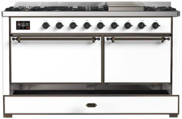 Ilve® Majestic III 60" White Pro Style Dual Fuel Natural Gas Range with Solid Door and Burnished Trim-2