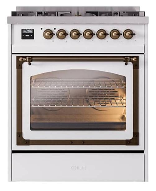 Ilve® Nostalgie II Noblesse 30" White Pro Style Dual Fuel Range with Burnished Trim-1