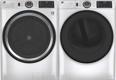 Front view of the GE® White Front Load Laundry Pair