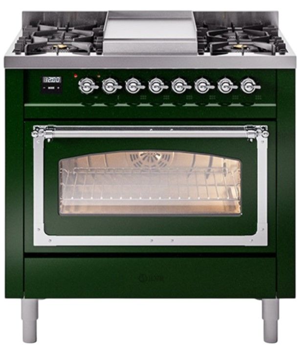 Ilve® Nostalgie II Noblesse 36'' Emerald Green Pro Style Dual Fuel Range with Chrome Trim-1