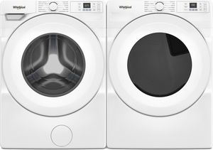 Whirlpool white front load laundry set with steam cleaning capabilities