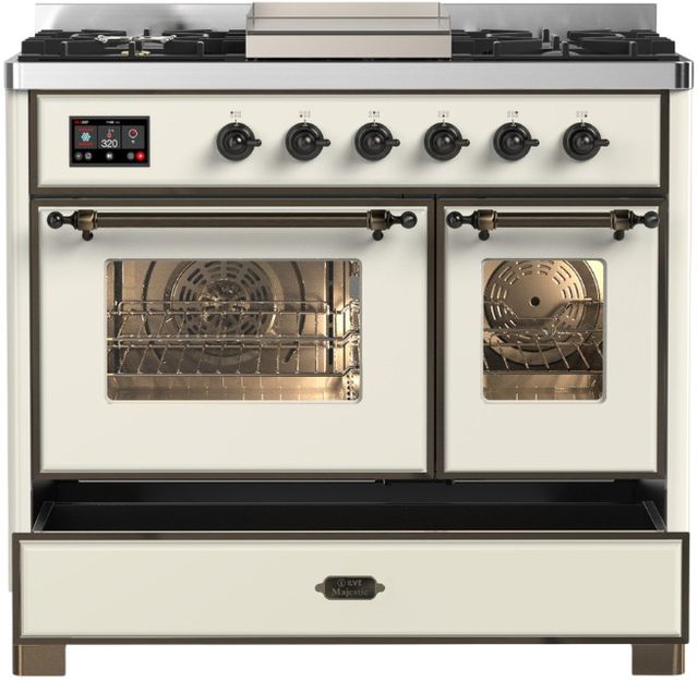 Ilve® Majestic III 40" Antique White Pro Style Dual Fuel Liquid Propane Range with Triple Glass Door and Burnished Trim-1