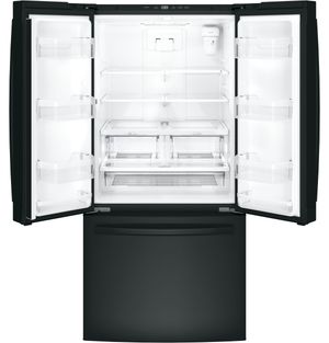 front view of the opened GE® 33 in. 18.6 Cu. Ft. Black Counter Depth French Door Refrigerator
