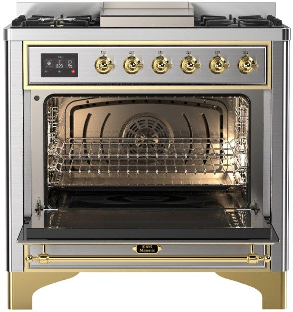 Ilve® Majestic III 36'' Stainless Steel Pro Style Dual Fuel Natural Gas Range with Triple Glass Door and Brass Trim-2