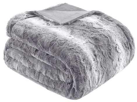 Olliix by Madison Park Zuri Grey 60x70" Polyester Faux Tip Dyed Brushed Long Fur Throw-1