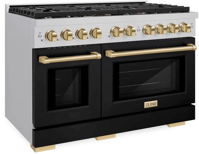ZLINE Autograph Edition Paramount 48" Stainless Steel Pro Style Dual Fuel Range with Black Matte Door and Polished Gold Accents-2
