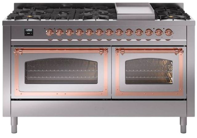 Ilve® Nostalgie II Noblesse 60'' Stainless Steel Pro Style Dual Fuel Range with Copper Trim-0