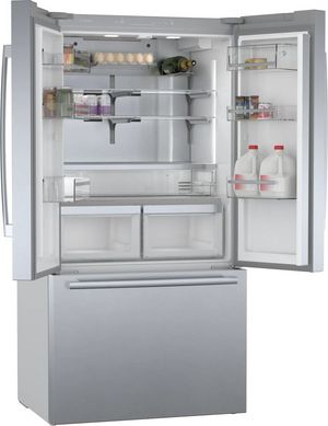 Front view of the Bosch® 800 Series 36 in. 20.8 Cu. Ft. Stainless Steel Counter Depth French Door Refrigerator