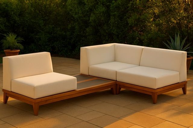 Meridian Furniture Rio 3-Piece Brown/Off-White Acacia/Fabric Outdoor Patio Modular Sectional-1