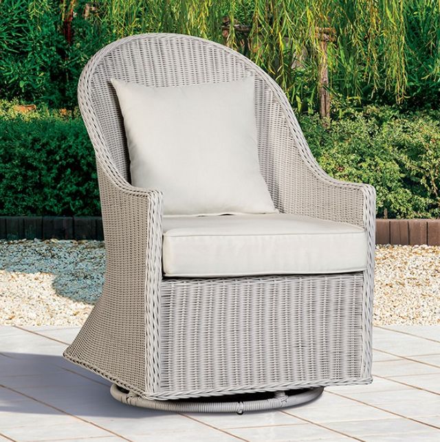Furniture of America® Tomohon White Fabric/Faux Rattan Outdoor Swivel Chair-1