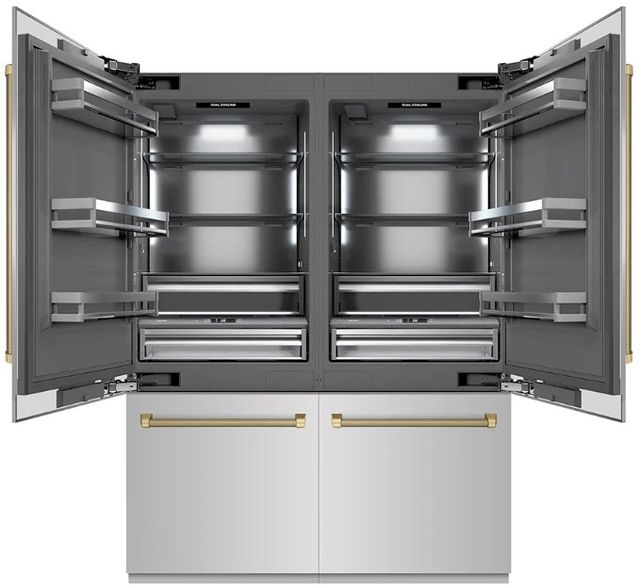 ZLINE Autograph Edition 60" 32.2 Cu. Ft. Stainless Steel with Graphite Gray Interior and Champagne Bronze Helix Handles French Door Built-In Bottom Freezer Refrigerator with Water Dispenser and Ice Maker -1
