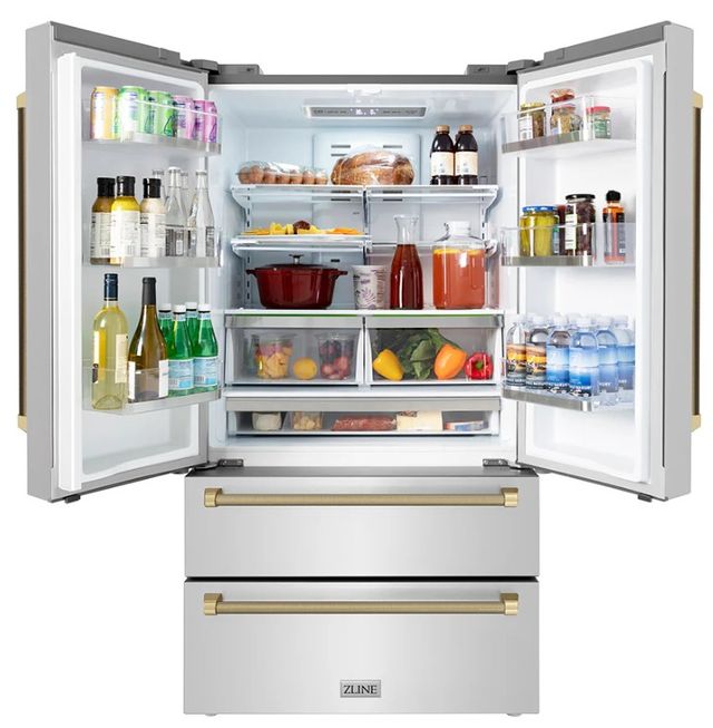 ZLINE Autograph Edition 36" 22.5 Cu. Ft. Fingerprint-Resistant Stainless Steel Counter Depth French Door Refrigerator with Ice Maker and Champagne Bronze Helix Handles-3