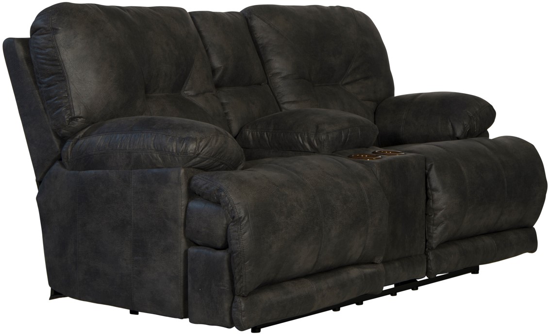 Catnapper Voyager Slate Reclining Lay Flat Console Loveseat with Storage and Cupholders