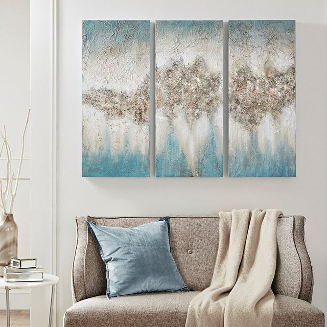 Olliix by Madison Park Blue Set of 3 Blue Luminous Hand Painted Canvas-2