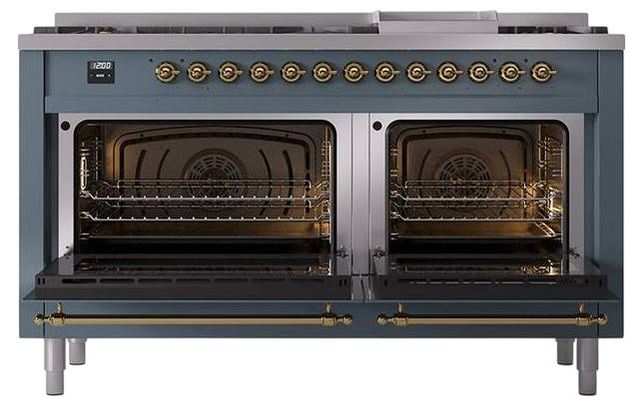 Ilve® Nostalgie II Noblesse 60'' Blue Gray Pro Style Dual Fuel Range with Brass Trim-2