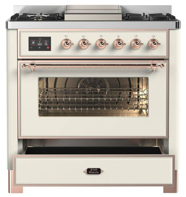 Ilve® Majestic III 36" Antique White Pro Style Dual Fuel Natural Gas  Range with Triple Glass Door and Copper Trim-3