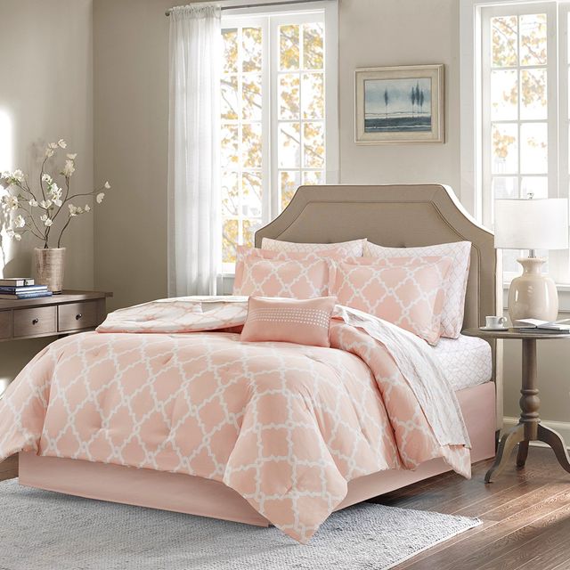 Olliix by Madison Park Essentials Peach Full Merritt Reversible Complete Comforter and Cotton Sheet Set-0